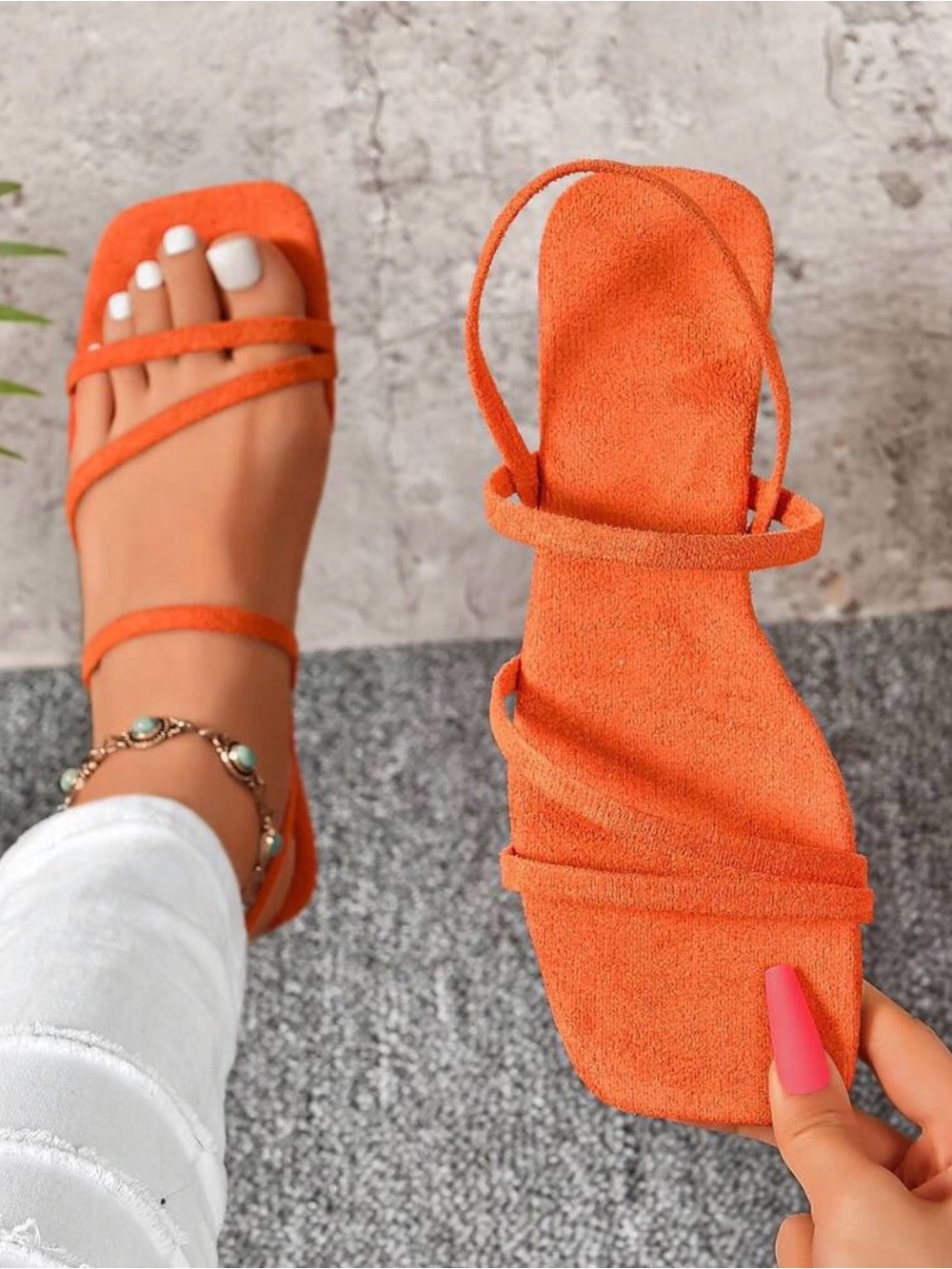 SHEIN Orange Strappy Square-Toe Suede-Look Sandals